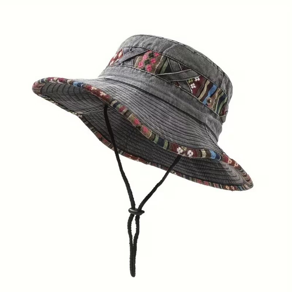 Women's Retro Hiking Hat Black Wide Boho Brim Packable Floppy Distressed New